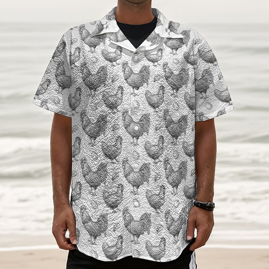 Hand Drawn Chicken Pattern Print Textured Short Sleeve Shirt