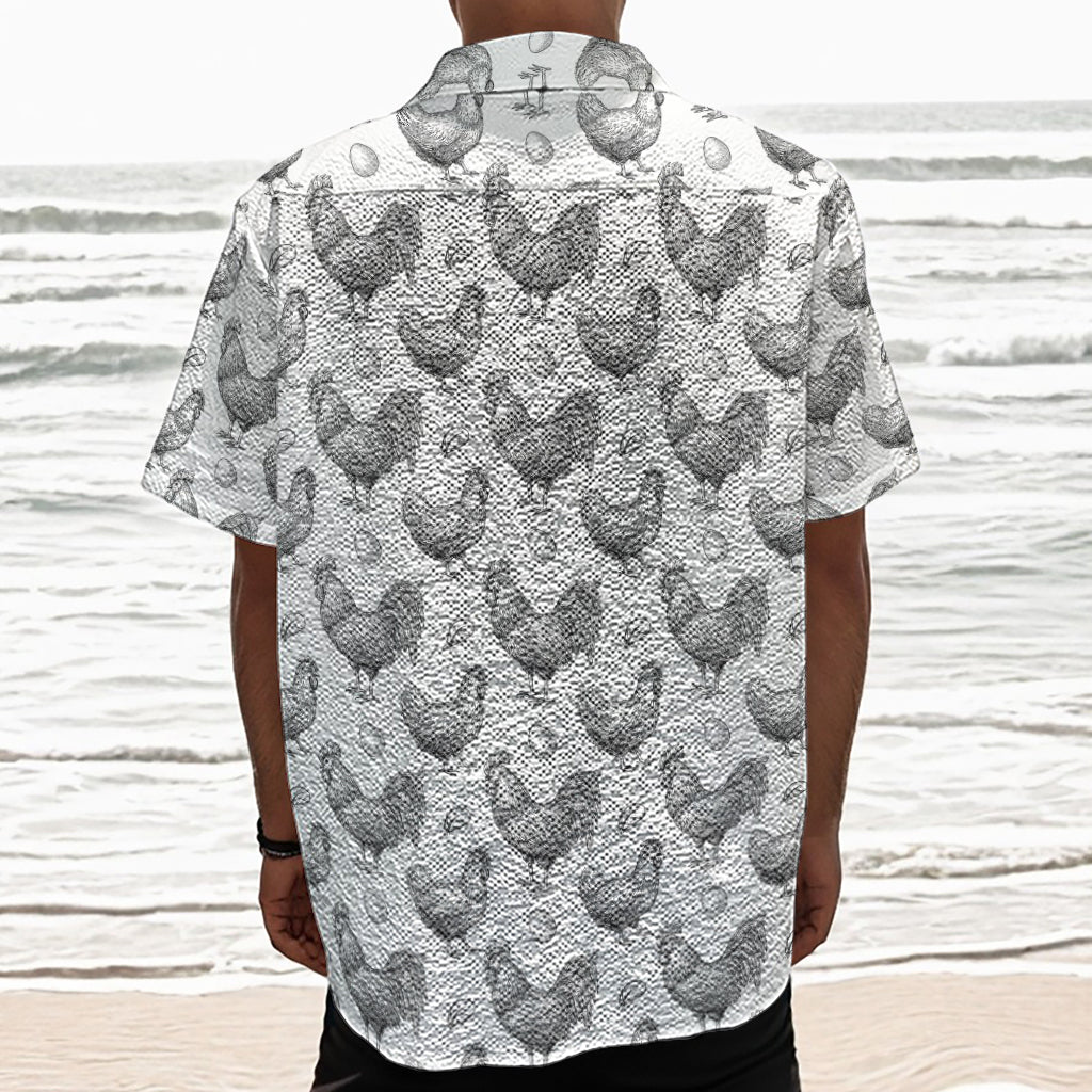 Hand Drawn Chicken Pattern Print Textured Short Sleeve Shirt