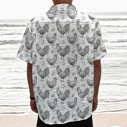 Hand Drawn Chicken Pattern Print Textured Short Sleeve Shirt