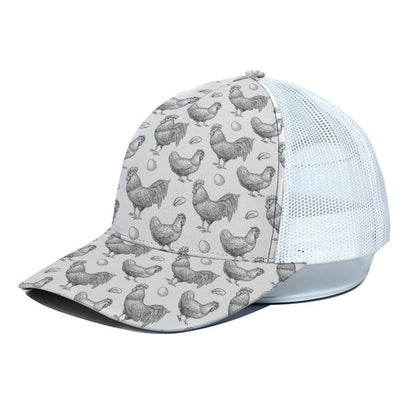 Hand Drawn Chicken Pattern Print White Mesh Trucker Cap