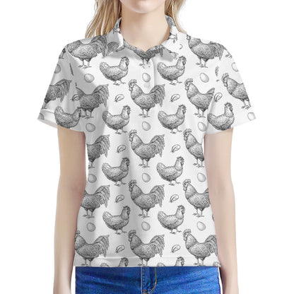 Hand Drawn Chicken Pattern Print Women's Polo Shirt