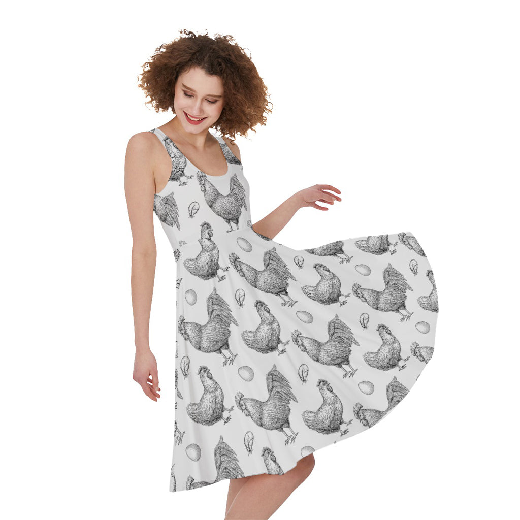 Hand Drawn Chicken Pattern Print Women's Sleeveless Dress