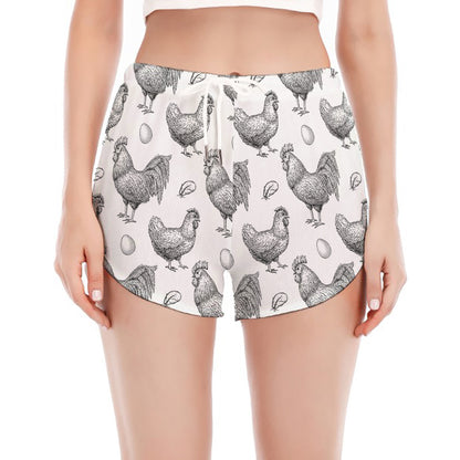 Hand Drawn Chicken Pattern Print Women's Split Running Shorts