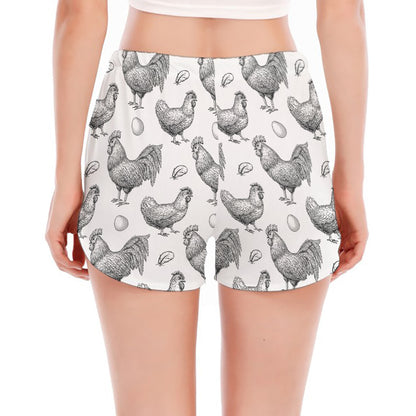 Hand Drawn Chicken Pattern Print Women's Split Running Shorts