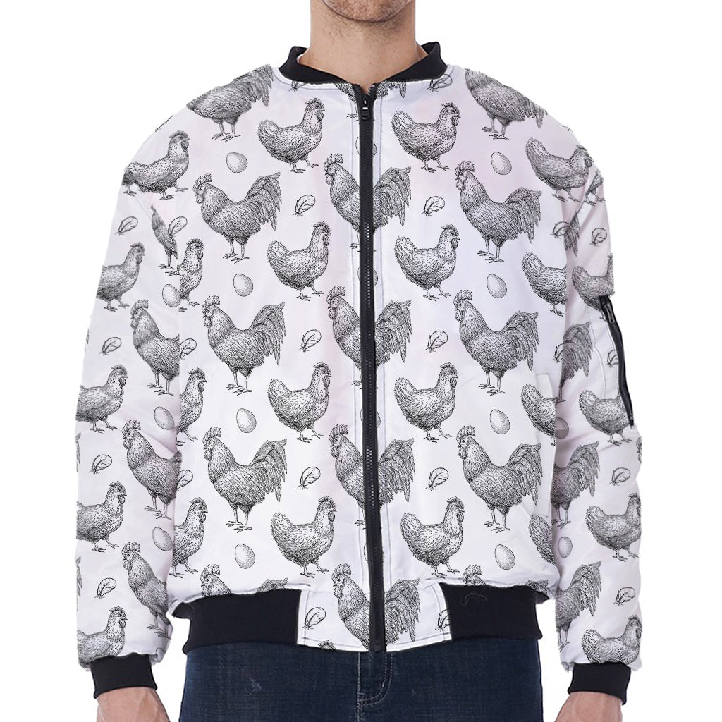 Hand Drawn Chicken Pattern Print Zip Sleeve Bomber Jacket