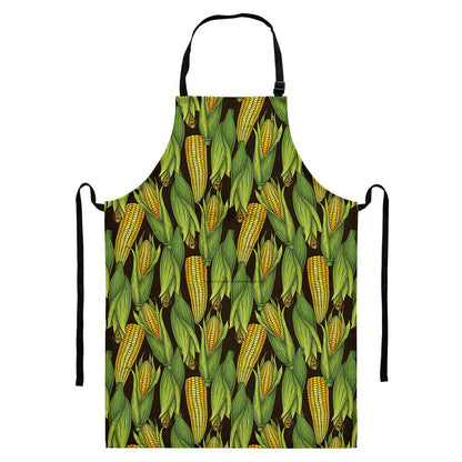 Hand-Drawn Corncob Pattern Print Bib Apron With Pocket