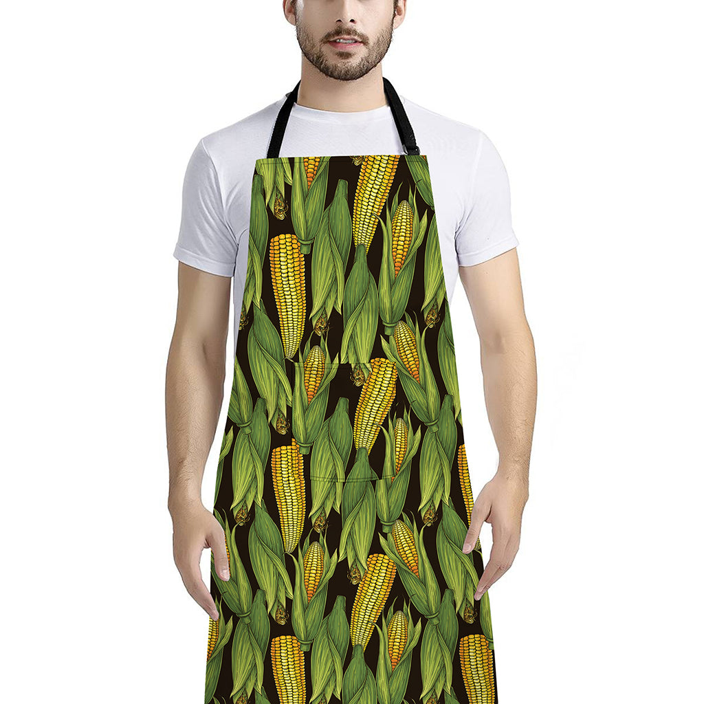 Hand-Drawn Corncob Pattern Print Bib Apron With Pocket