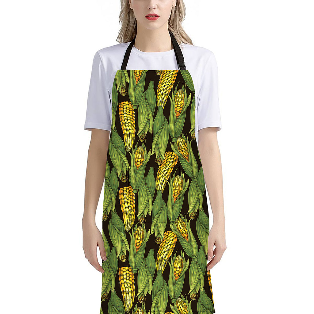 Hand-Drawn Corncob Pattern Print Bib Apron With Pocket