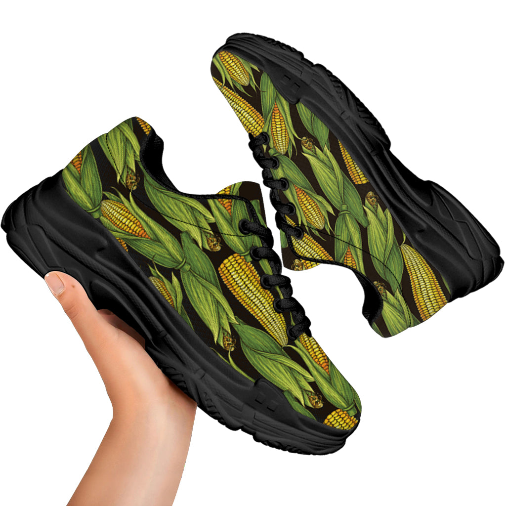Hand-Drawn Corncob Pattern Print Black Chunky Shoes