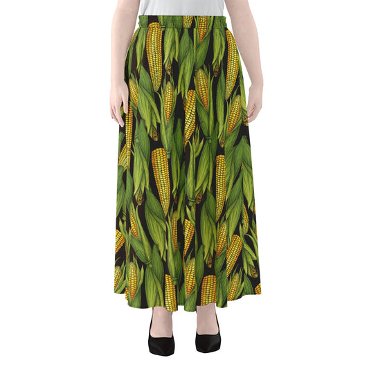 Hand-Drawn Corncob Pattern Print Chiffon Maxi Skirt
