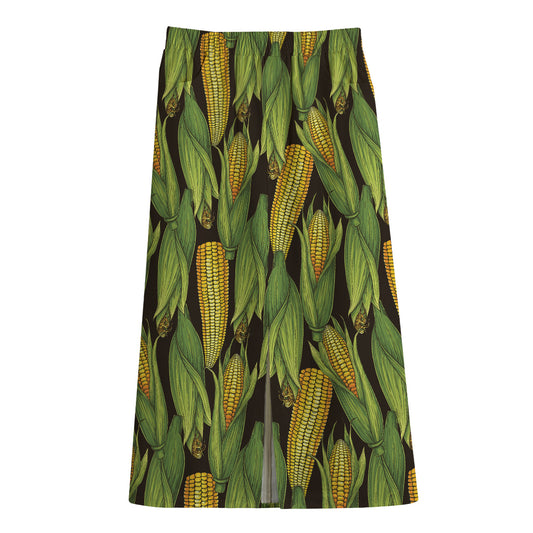 Hand-Drawn Corncob Pattern Print Cotton Front Slit Maxi Skirt