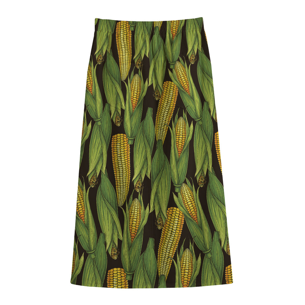 Hand-Drawn Corncob Pattern Print Cotton Front Slit Maxi Skirt