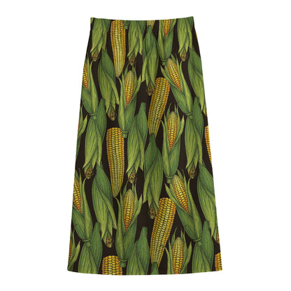 Hand-Drawn Corncob Pattern Print Cotton Front Slit Maxi Skirt