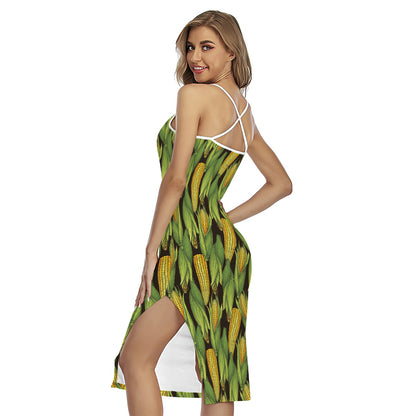 Hand-Drawn Corncob Pattern Print Cross Back Cami Dress