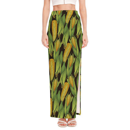 Hand-Drawn Corncob Pattern Print High Slit Maxi Skirt