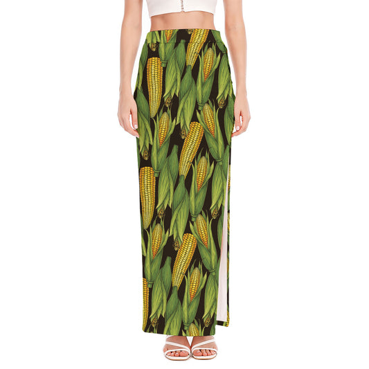 Hand-Drawn Corncob Pattern Print High Slit Maxi Skirt