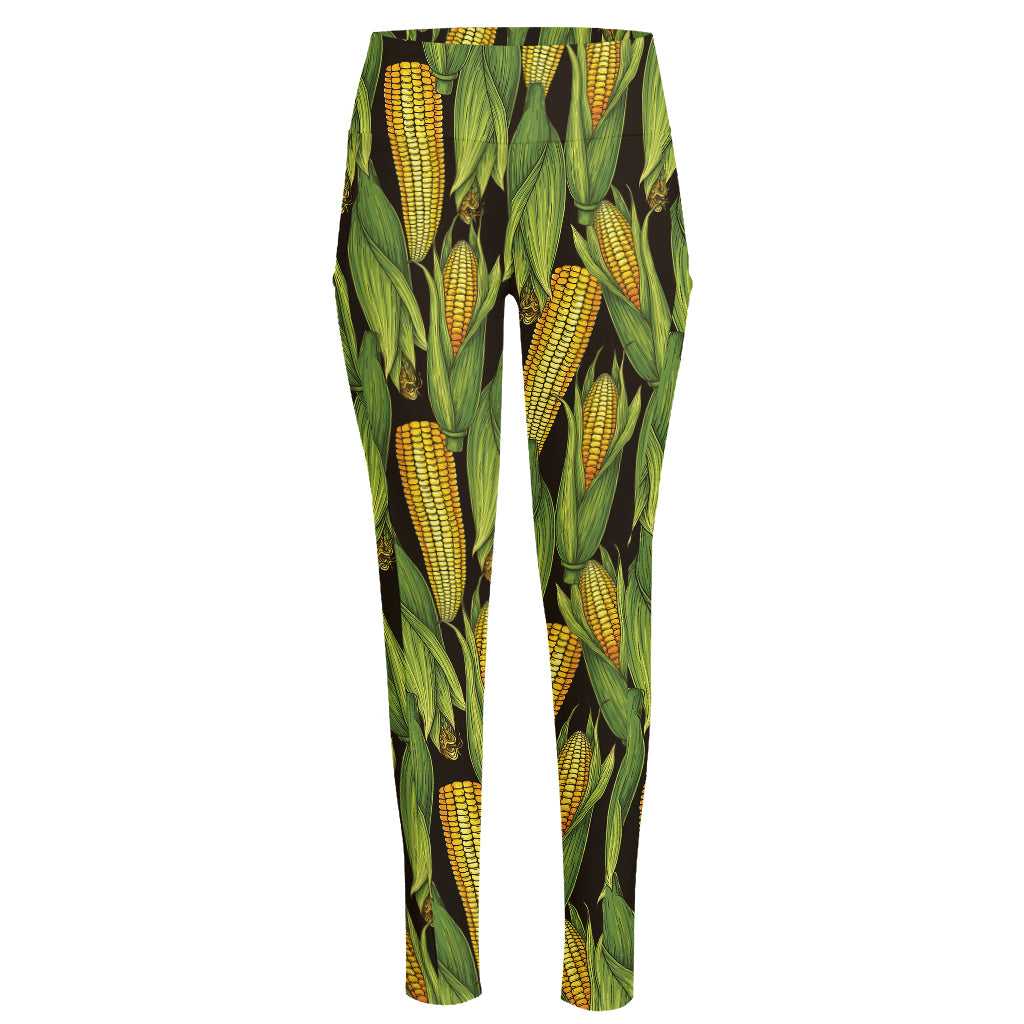 Hand-Drawn Corncob Pattern Print High-Waisted Pocket Leggings