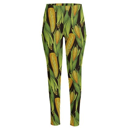 Hand-Drawn Corncob Pattern Print High-Waisted Pocket Leggings