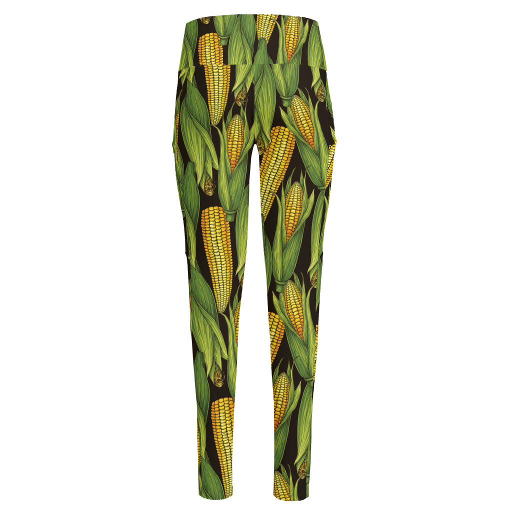 Hand-Drawn Corncob Pattern Print High-Waisted Pocket Leggings