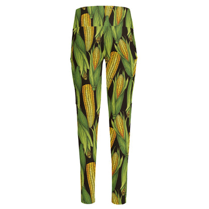 Hand-Drawn Corncob Pattern Print High-Waisted Pocket Leggings