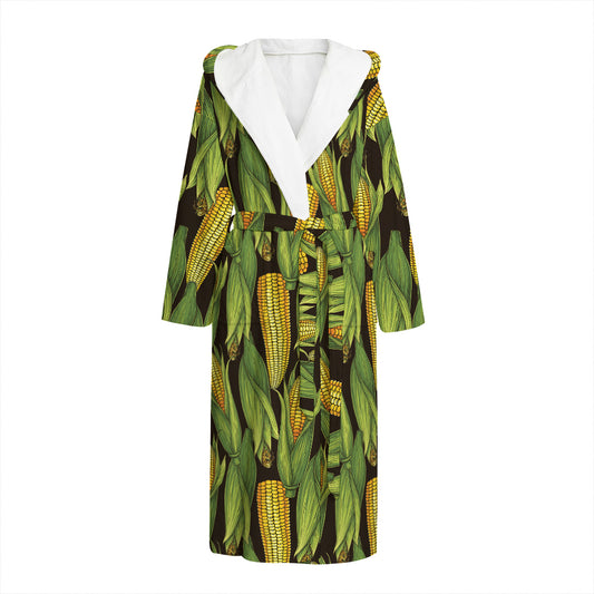 Hand-Drawn Corncob Pattern Print Hooded Bathrobe