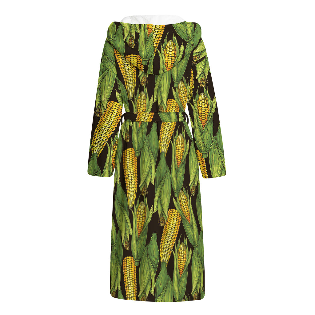Hand-Drawn Corncob Pattern Print Hooded Bathrobe