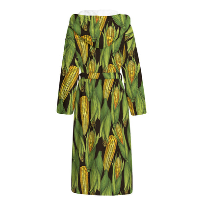 Hand-Drawn Corncob Pattern Print Hooded Bathrobe
