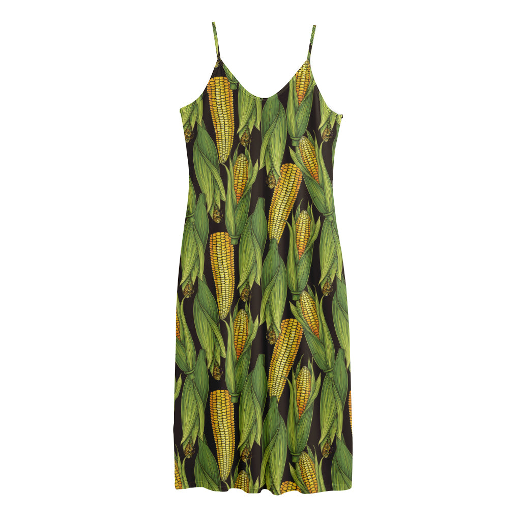 Hand-Drawn Corncob Pattern Print Jersey Midi Cami Dress