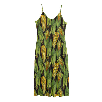 Hand-Drawn Corncob Pattern Print Jersey Midi Cami Dress