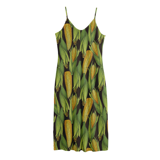Hand-Drawn Corncob Pattern Print Jersey Midi Cami Dress