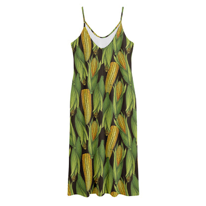 Hand-Drawn Corncob Pattern Print Jersey Midi Cami Dress