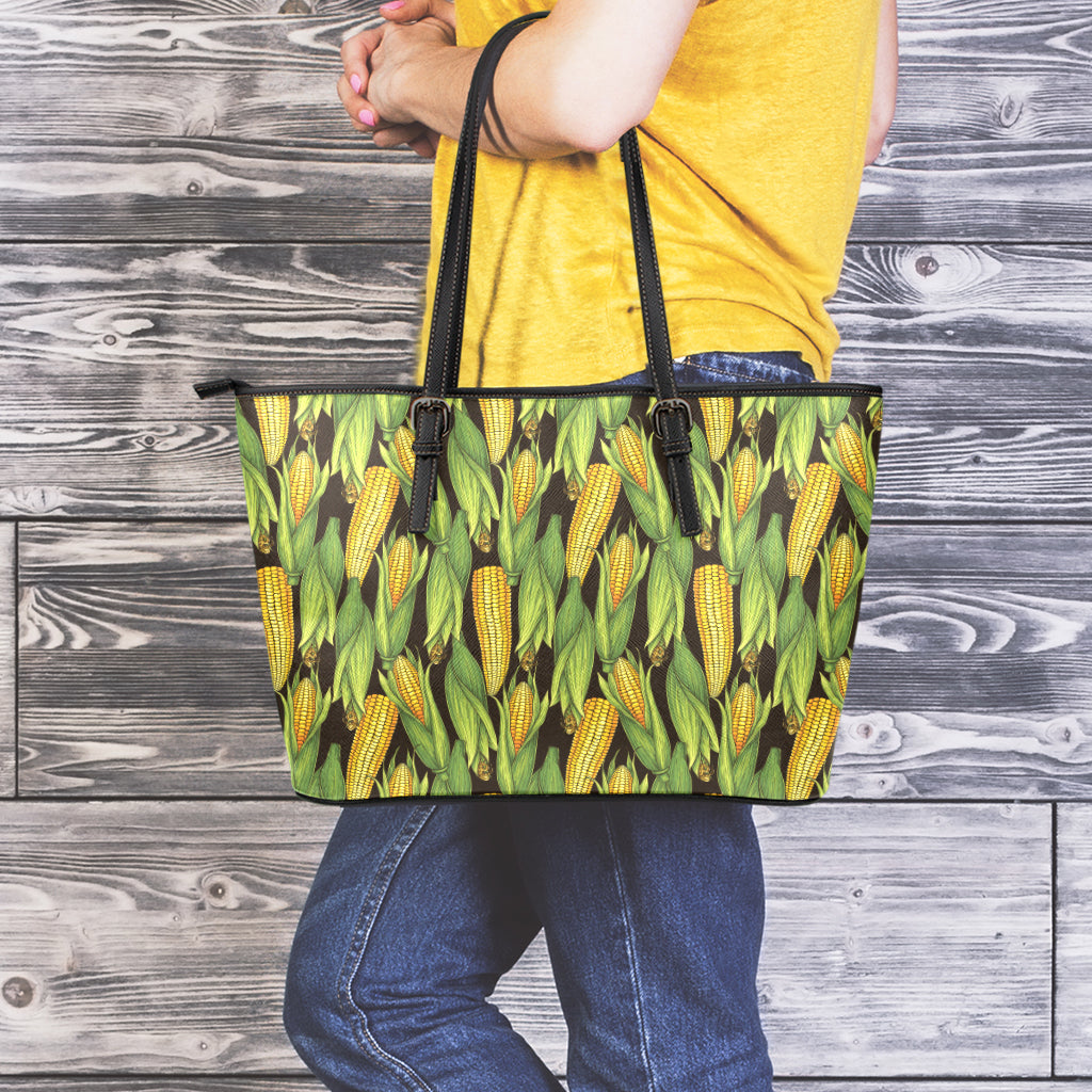 Hand-Drawn Corncob Pattern Print Leather Tote Bag