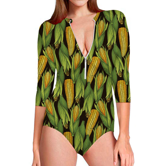 Hand-Drawn Corncob Pattern Print Long Sleeve Swimsuit