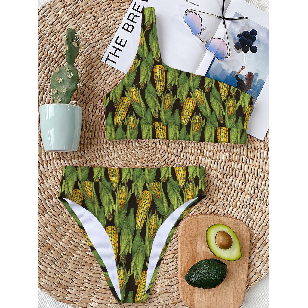 Hand-Drawn Corncob Pattern Print One Shoulder Bikini Top