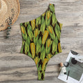 Hand-Drawn Corncob Pattern Print One Shoulder Bodysuit
