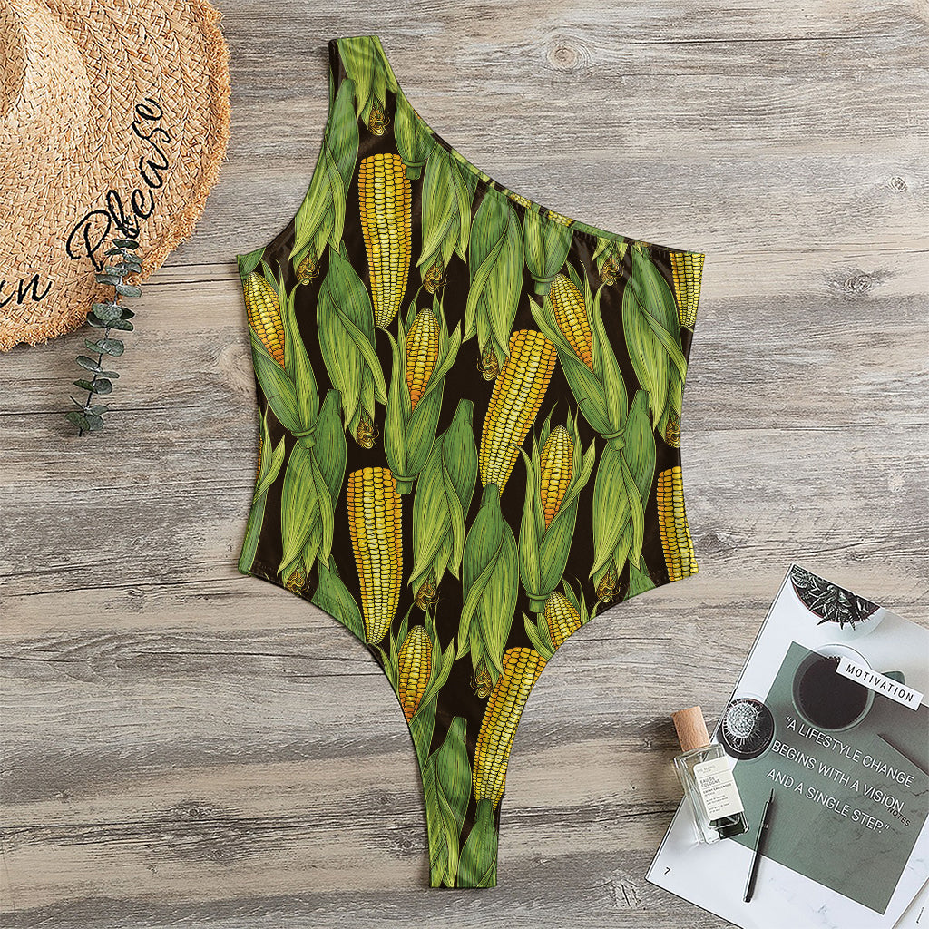 Hand-Drawn Corncob Pattern Print One Shoulder Bodysuit