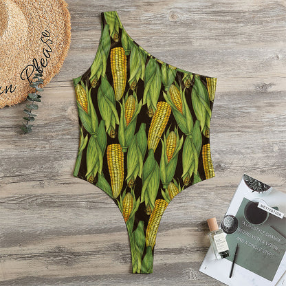 Hand-Drawn Corncob Pattern Print One Shoulder Bodysuit