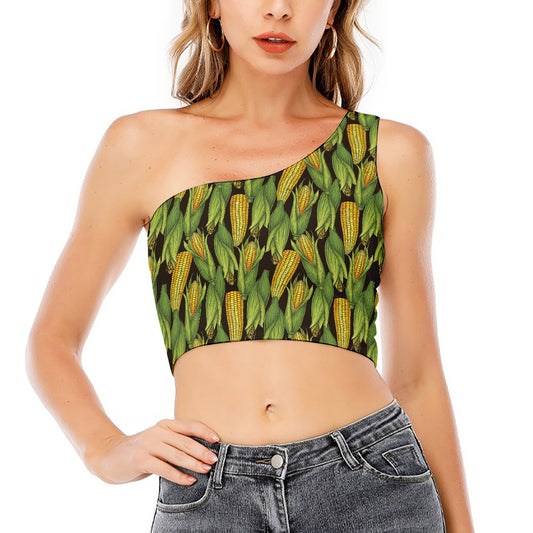 Hand-Drawn Corncob Pattern Print One Shoulder Crop Top