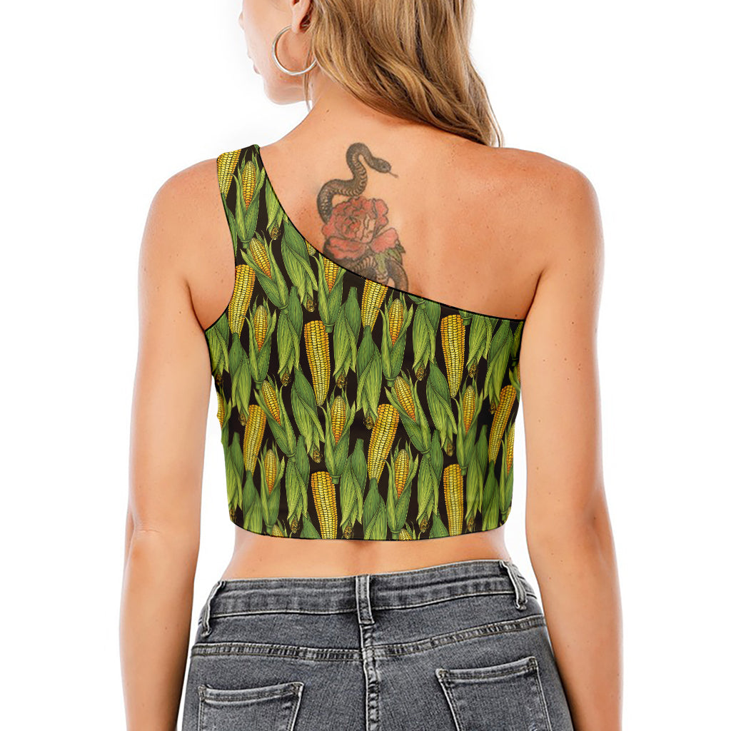 Hand-Drawn Corncob Pattern Print One Shoulder Crop Top