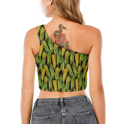 Hand-Drawn Corncob Pattern Print One Shoulder Crop Top