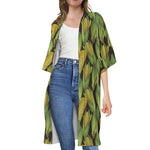 Hand-Drawn Corncob Pattern Print Open Front Beach Cover Up