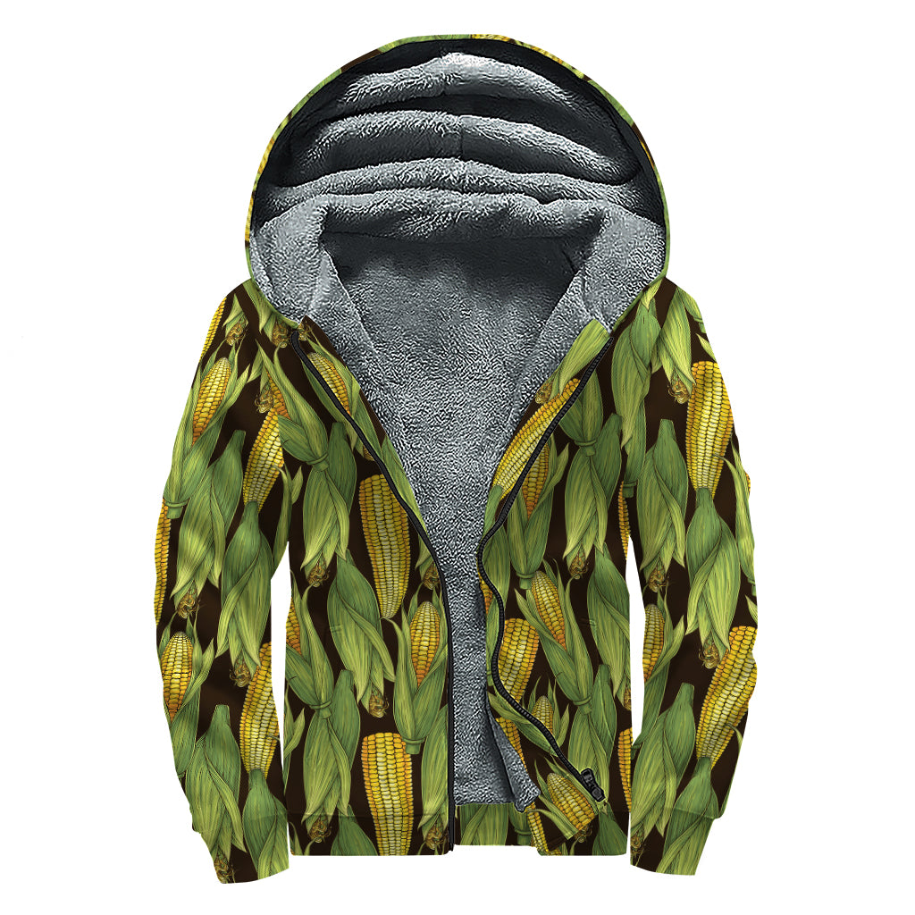 Hand-Drawn Corncob Pattern Print Sherpa Lined Zip Up Hoodie