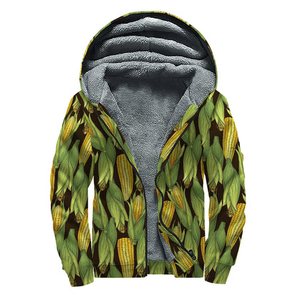 Hand-Drawn Corncob Pattern Print Sherpa Lined Zip Up Hoodie