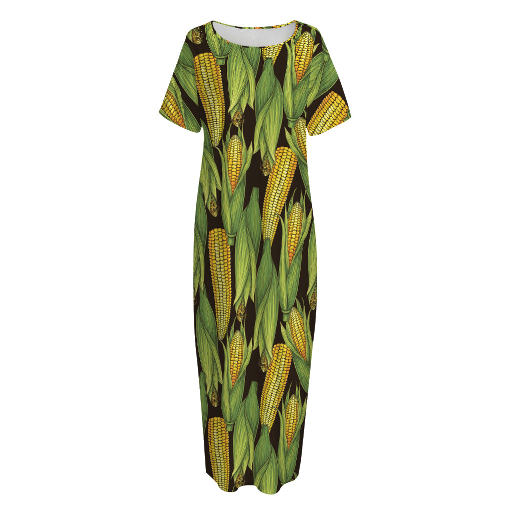 Hand-Drawn Corncob Pattern Print Short Sleeve Long Nightdress