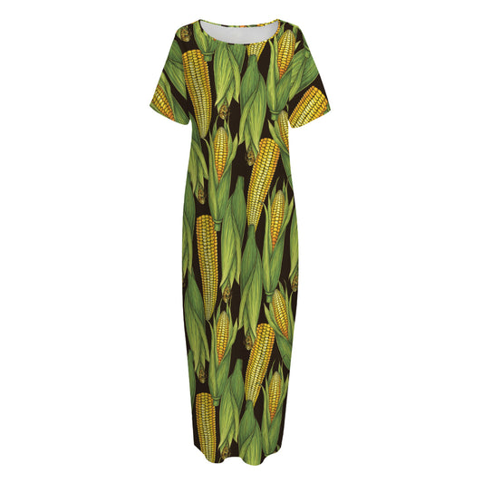 Hand-Drawn Corncob Pattern Print Short Sleeve Long Nightdress