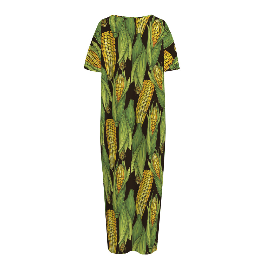 Hand-Drawn Corncob Pattern Print Short Sleeve Long Nightdress