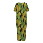 Hand-Drawn Corncob Pattern Print Short Sleeve Long Nightdress