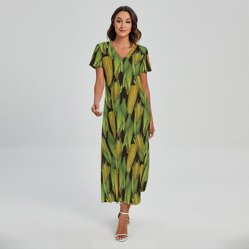 Hand-Drawn Corncob Pattern Print Short Sleeve Maxi Dress