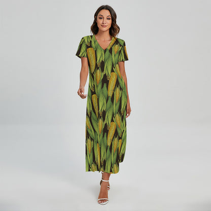 Hand-Drawn Corncob Pattern Print Short Sleeve Maxi Dress