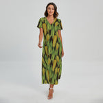 Hand-Drawn Corncob Pattern Print Short Sleeve Maxi Dress